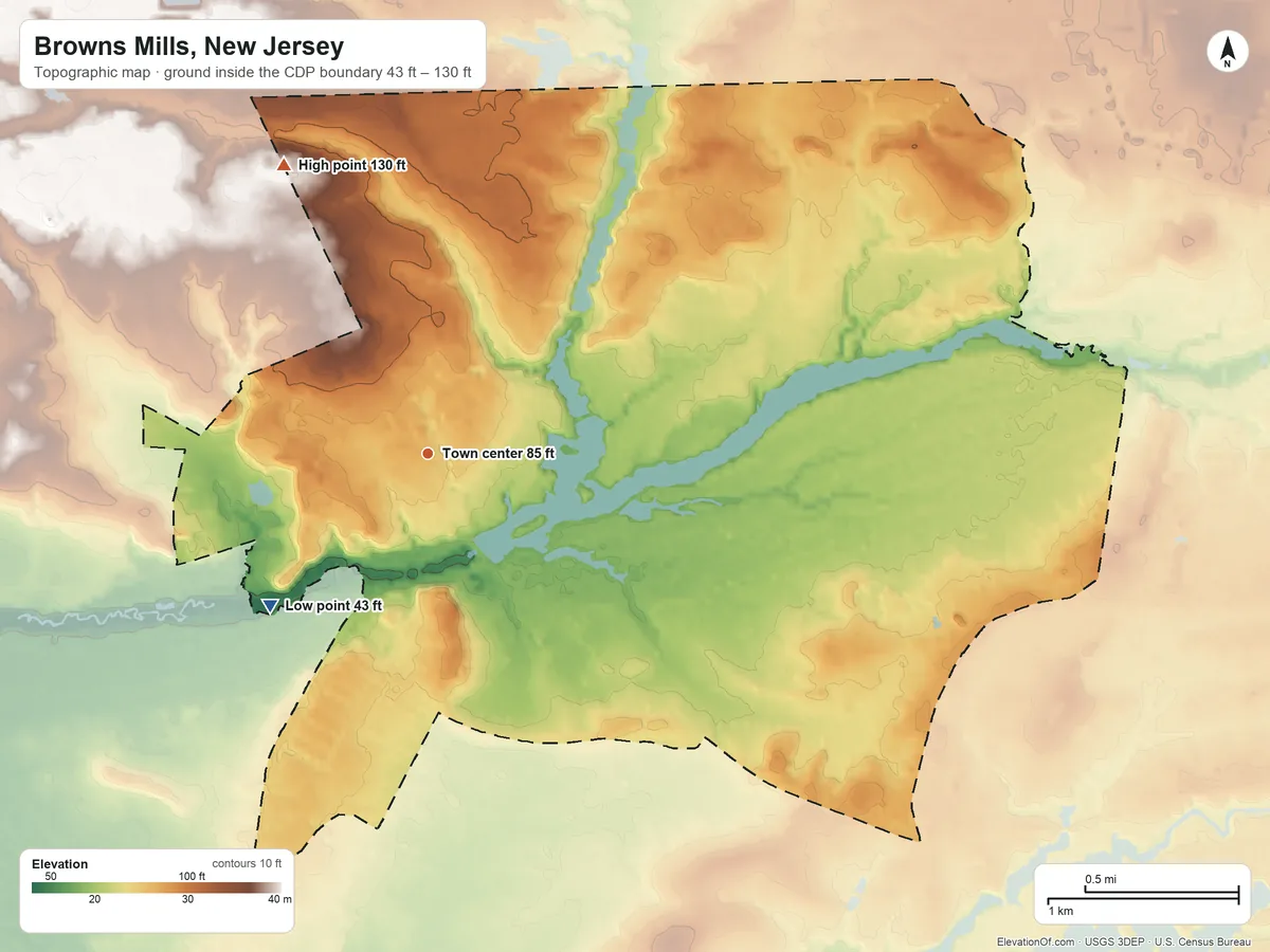 Topographic elevation map of Browns Mills, New Jersey, shaded from 43 ft on the southwest side to 130 ft on the northwest side