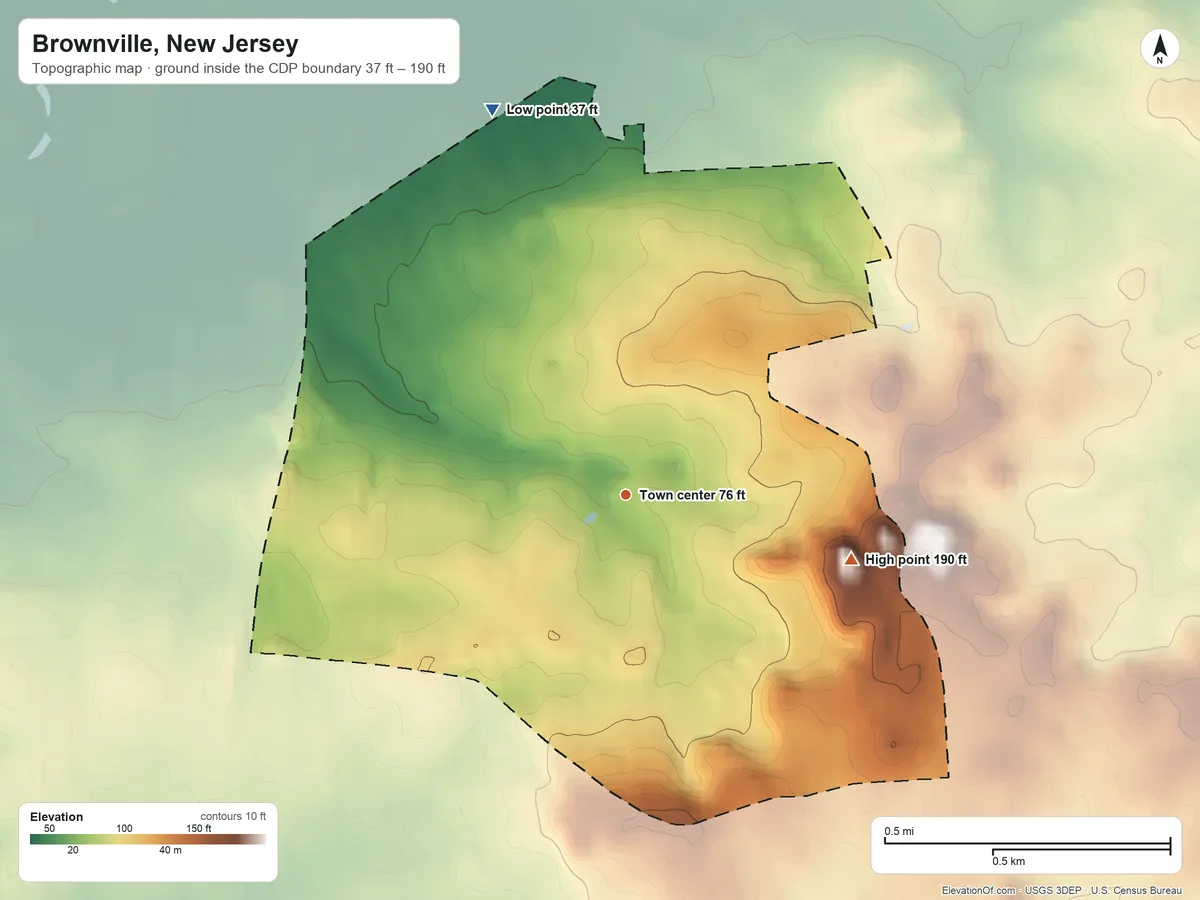 Topographic elevation map of Brownville, New Jersey, shaded from 37 ft on the north side to 190 ft on the east side
