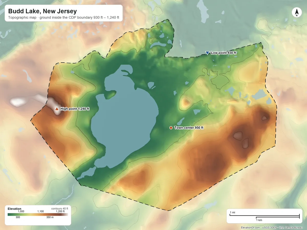 Topographic elevation map of Budd Lake, New Jersey, shaded from 930 ft on the northeast side to 1,240 ft on the west side