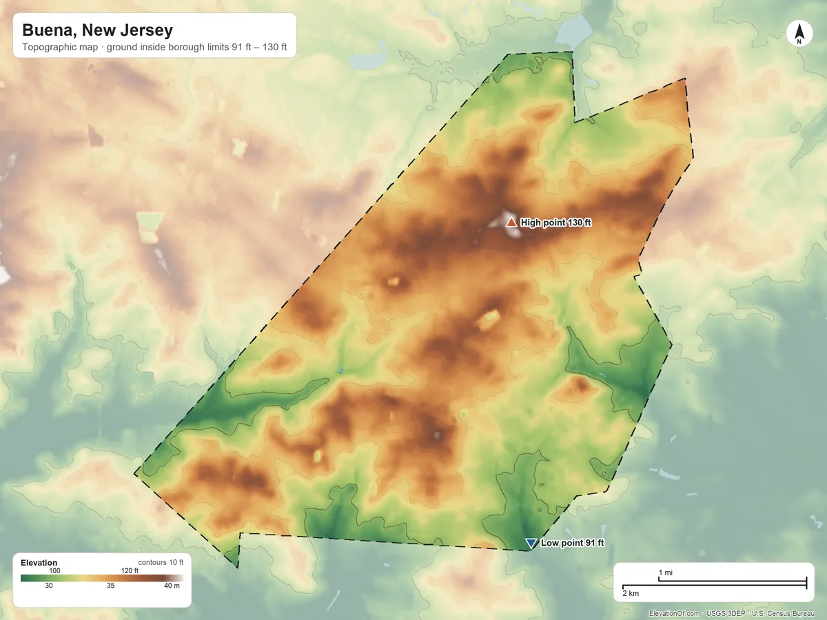 Topographic elevation map of Buena, New Jersey, shaded from 91 ft on the southeast side to 130 ft on the north side
