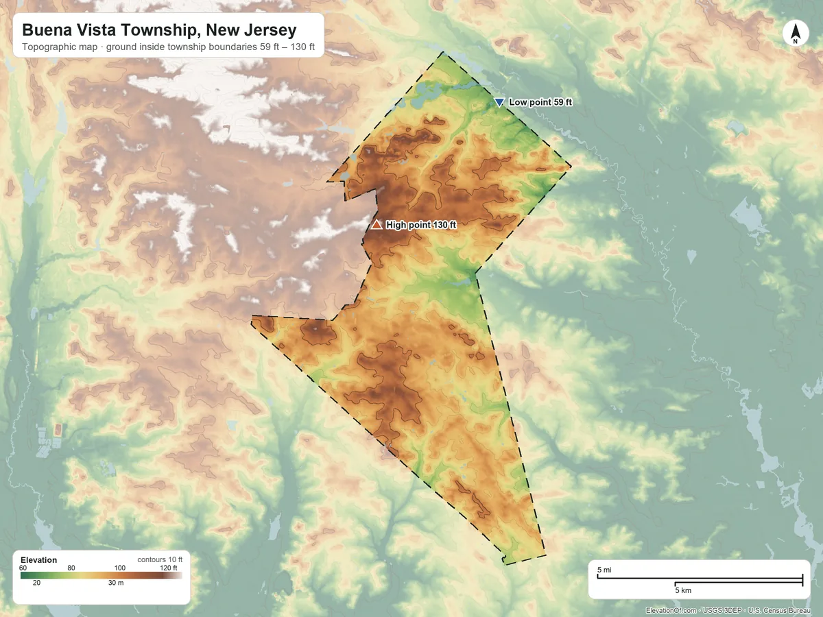 Topographic elevation map of Buena Vista Township, New Jersey, shaded from 59 ft on the north side to 130 ft on the northwest side