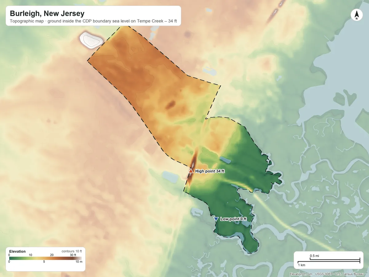 Topographic elevation map of Burleigh, New Jersey, shaded from sea level level on Tempe Creek to 34 ft on the south side