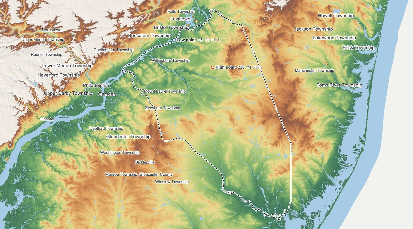 Topographic elevation map of Burlington County, New Jersey, shaded from 3 ft below sea level on the northwest side to 230 ft on the north side