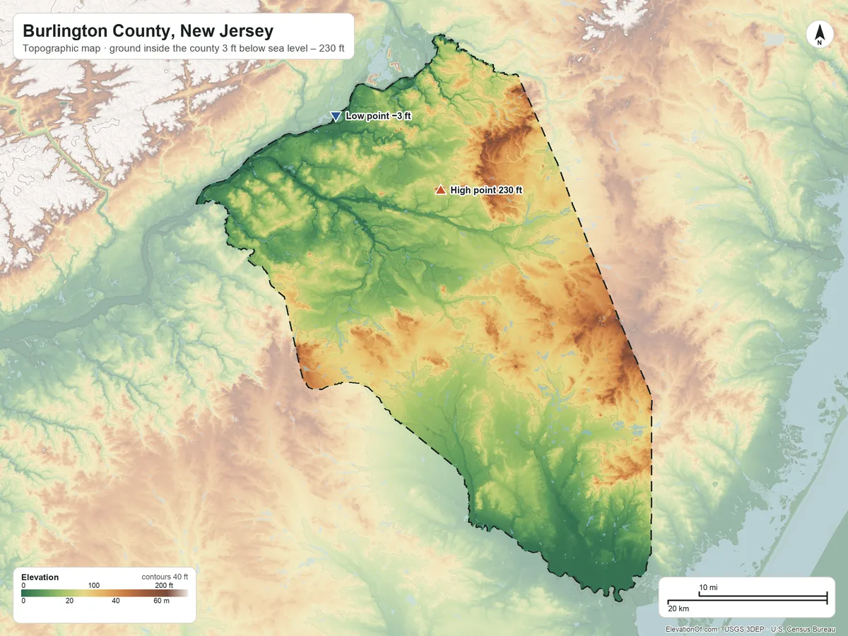 Topographic elevation map of Burlington County, New Jersey, shaded from 3 ft below sea level on the northwest side to 230 ft on the north side