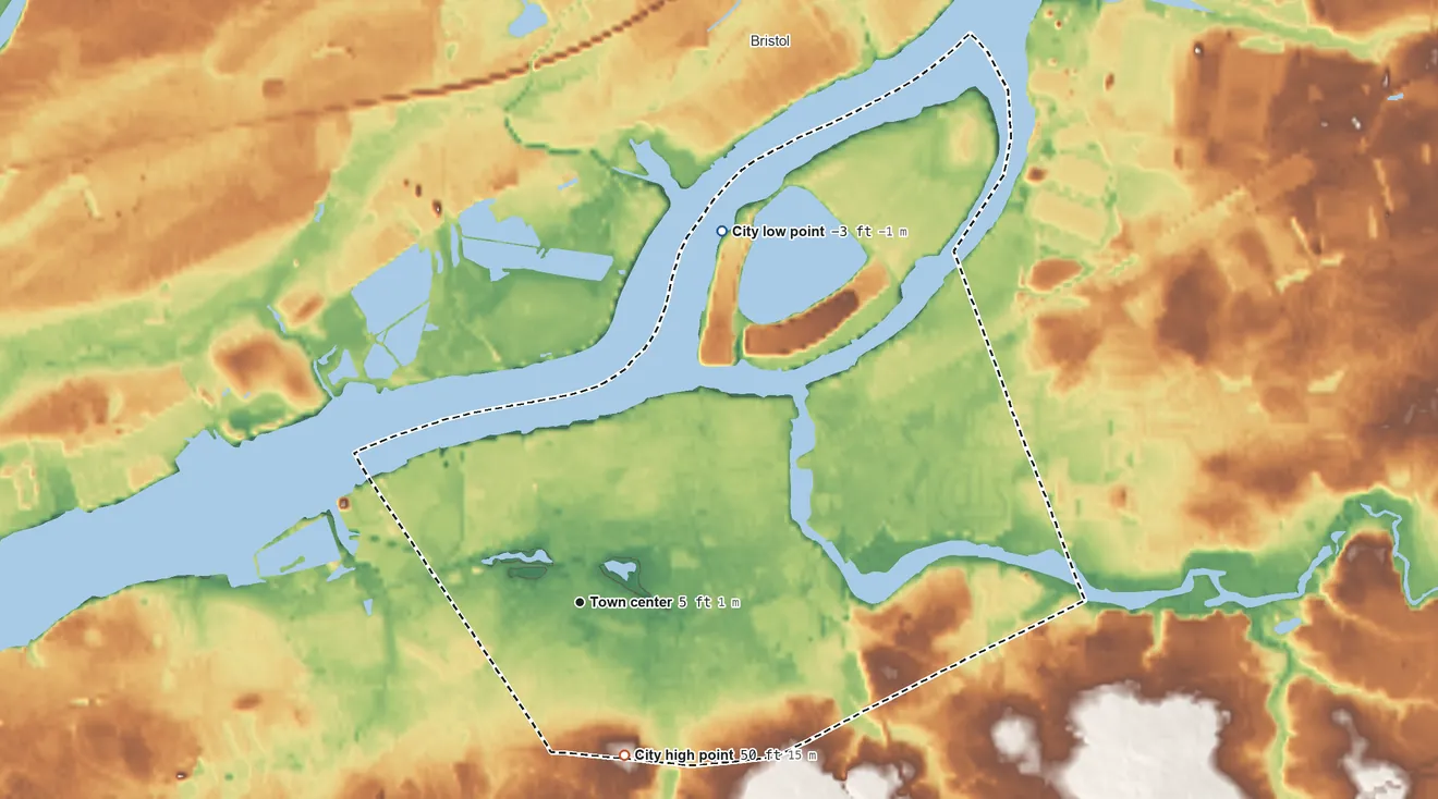Topographic elevation map of Burlington, New Jersey, shaded from −3 ft on the north side to 50 ft on the south side