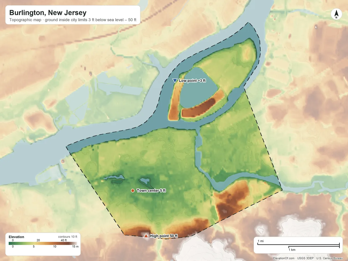 Topographic elevation map of Burlington, New Jersey, shaded from −3 ft on the north side to 50 ft on the south side