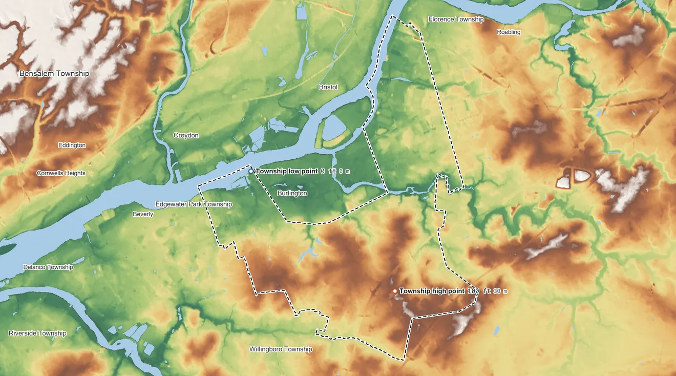 Topographic elevation map of Burlington Township, New Jersey, shaded from 0 ft on the northwest side to 100 ft on the southeast side