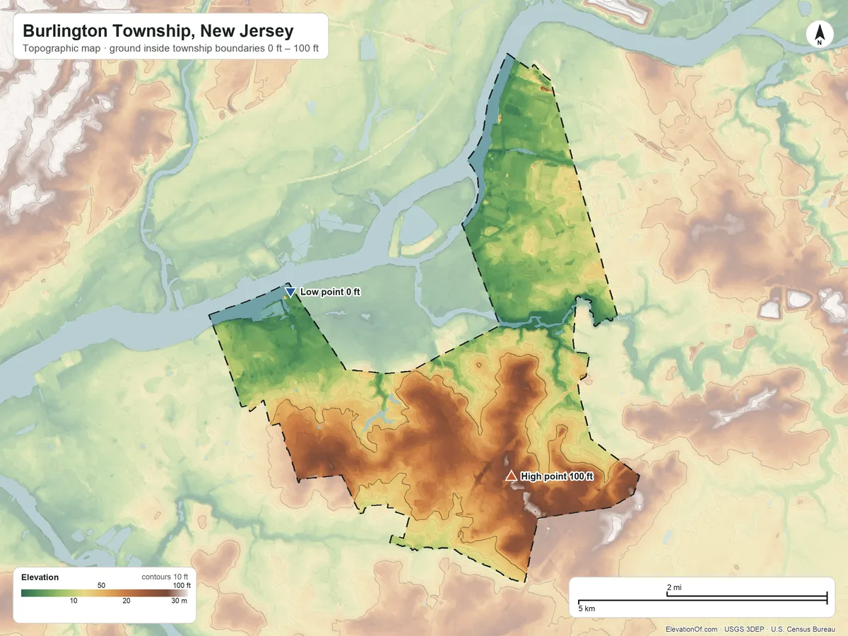 Topographic elevation map of Burlington Township, New Jersey, shaded from 0 ft on the northwest side to 100 ft on the southeast side