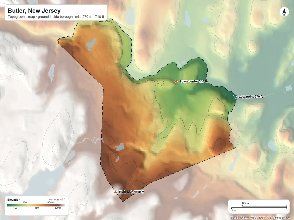 Topographic elevation map of Butler, New Jersey, shaded from 270 ft on the east side to 710 ft at the foot of the Watchung Mountains