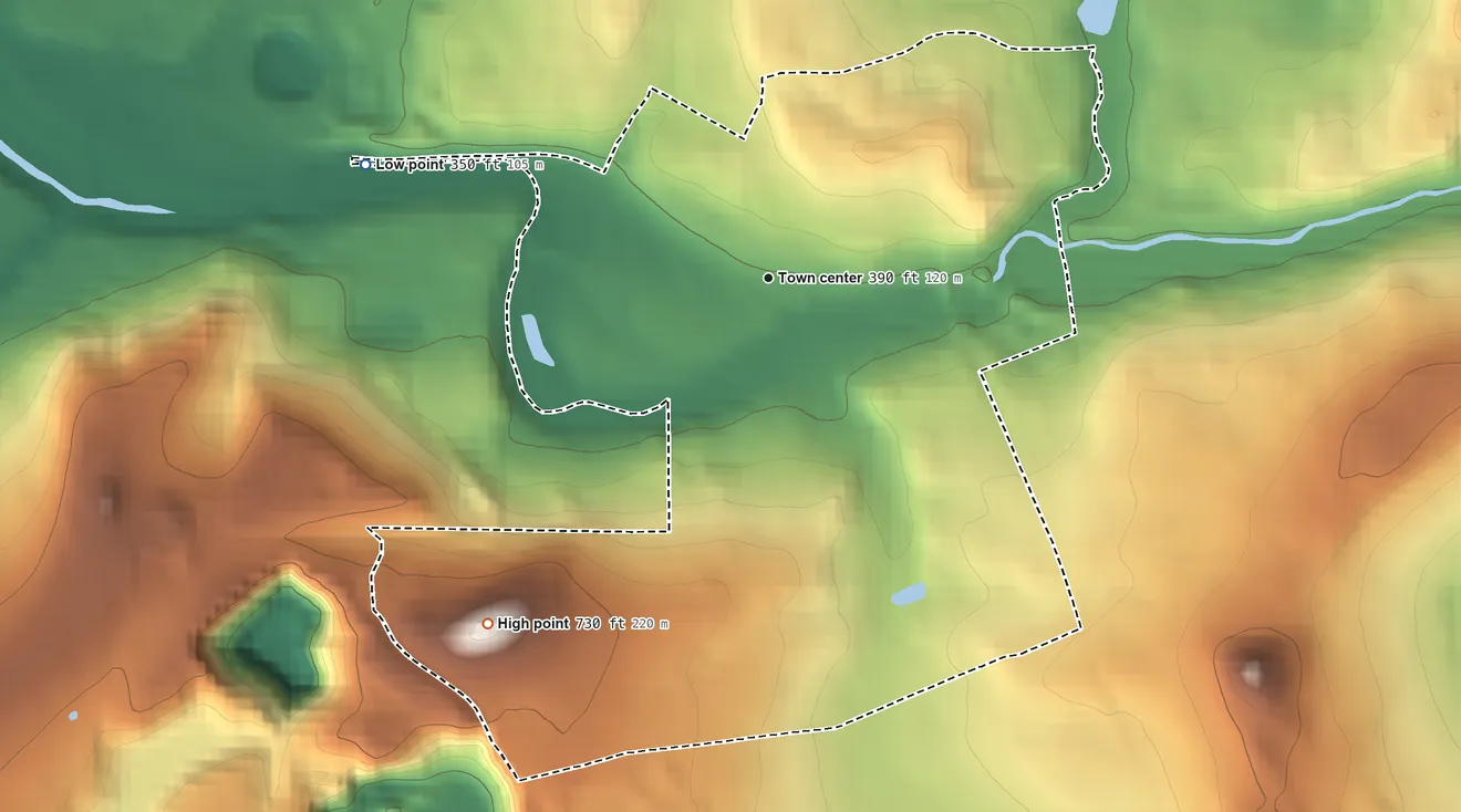 Topographic elevation map of Buttzville, New Jersey, shaded from 350 ft on the west side to 730 ft at the foot of the Fox Hill Range