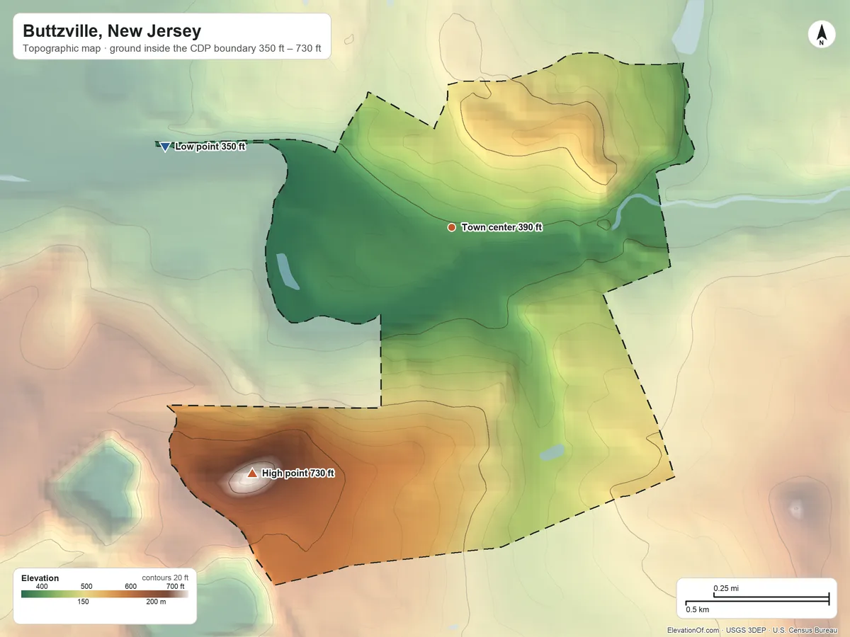 Topographic elevation map of Buttzville, New Jersey, shaded from 350 ft on the west side to 730 ft at the foot of the Fox Hill Range