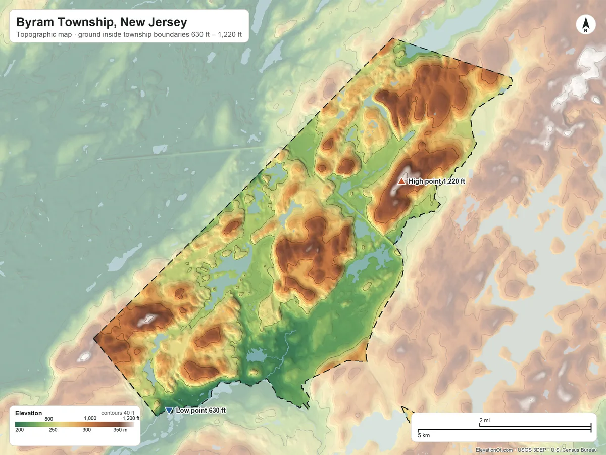 Topographic elevation map of Byram Township, New Jersey, shaded from 630 ft on the southwest side to 1,220 ft on the northeast side