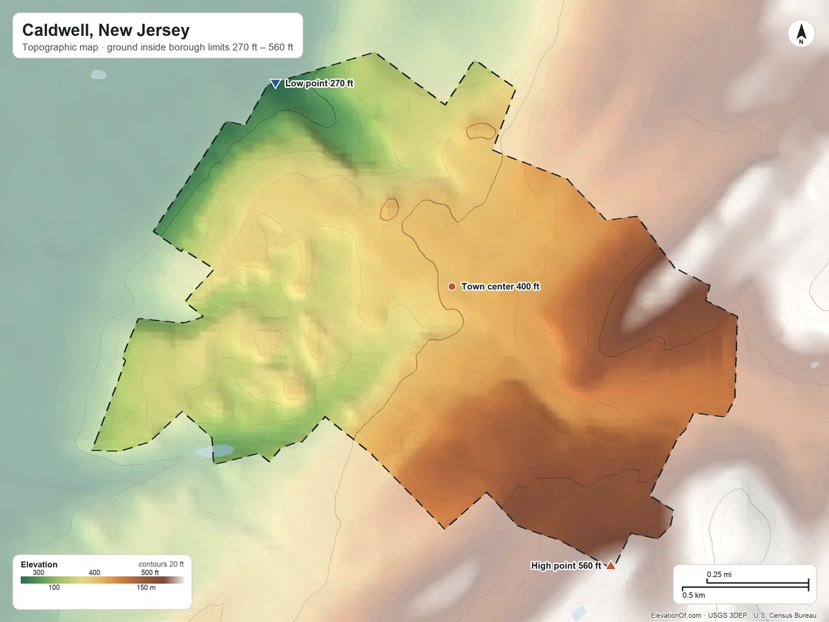 Topographic elevation map of Caldwell, New Jersey, shaded from 270 ft on the northwest side to 560 ft on the southeast side