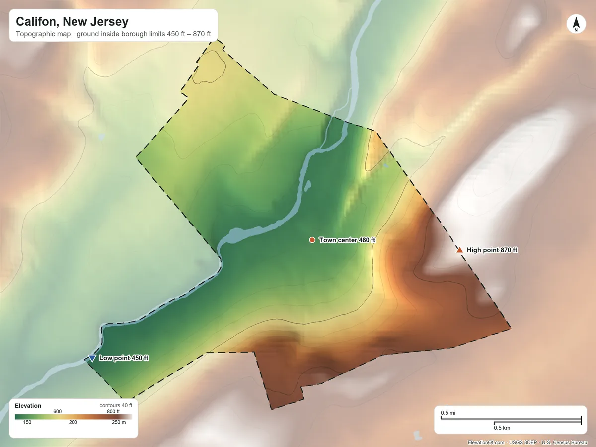 Topographic elevation map of Califon, New Jersey, shaded from 450 ft on the southwest side to 870 ft on the east side