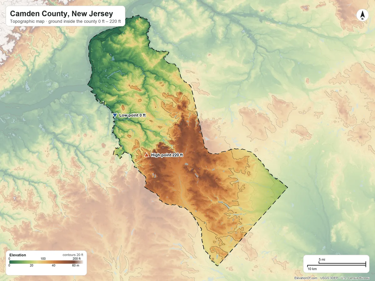 Topographic elevation map of Camden County, New Jersey, shaded from 0 ft on the west side to 220 ft on the west side