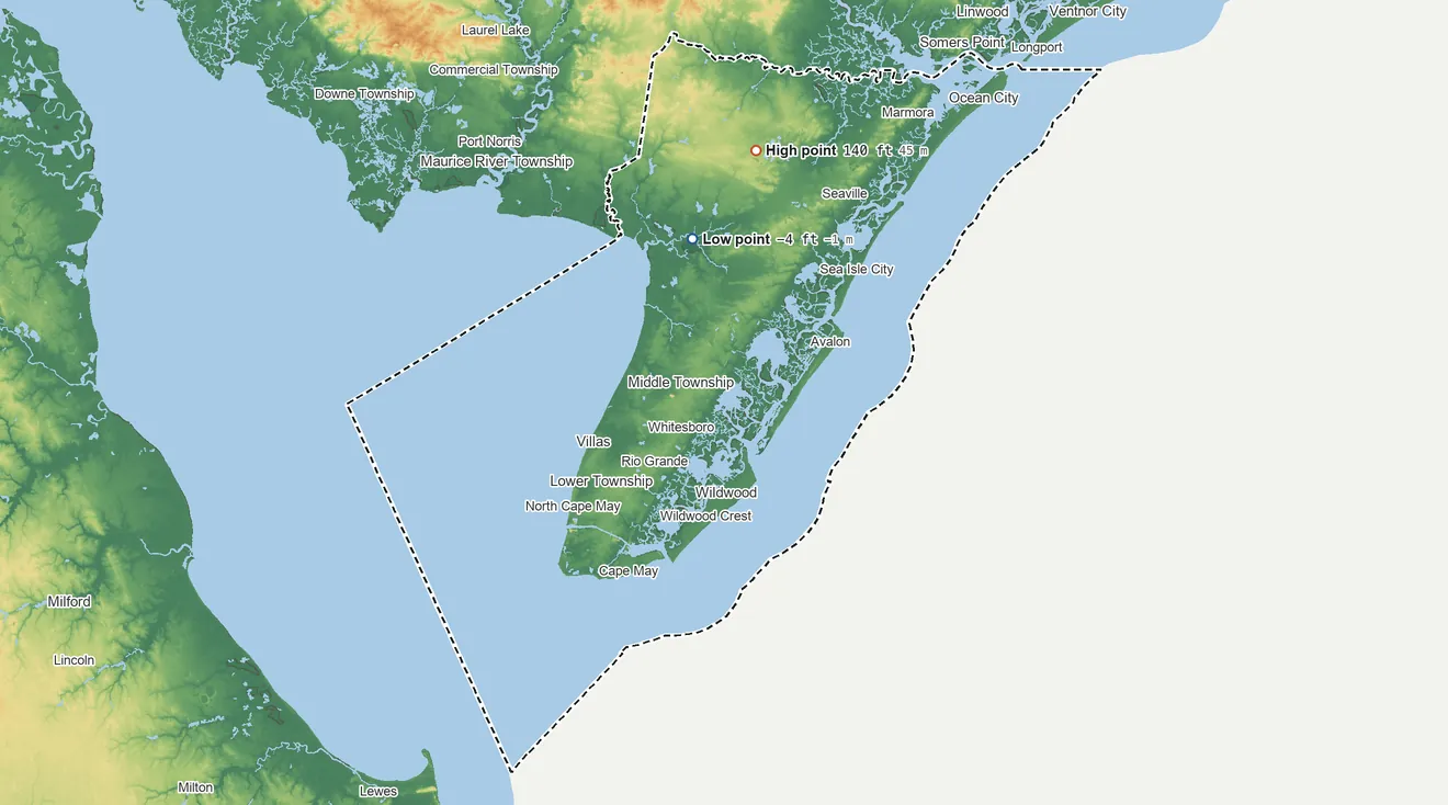Topographic elevation map of Cape May County, New Jersey, shaded from 4 ft below sea level on the north side to 140 ft on the north side