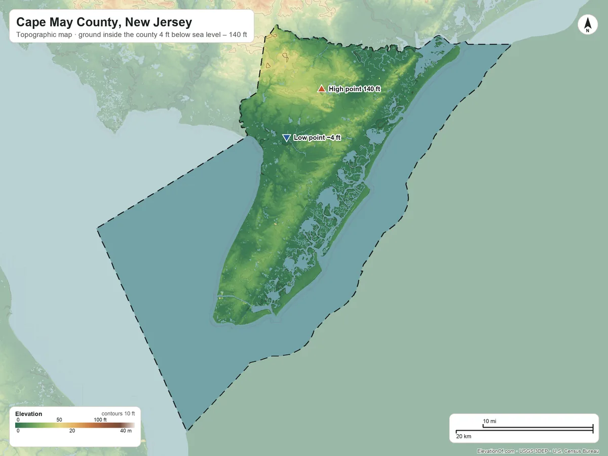 Topographic elevation map of Cape May County, New Jersey, shaded from 4 ft below sea level on the north side to 140 ft on the north side