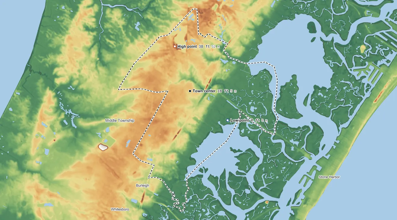 Topographic elevation map of Cape May Court House, New Jersey, shaded from sea level level on Jenkins Sound to 38 ft on the north side