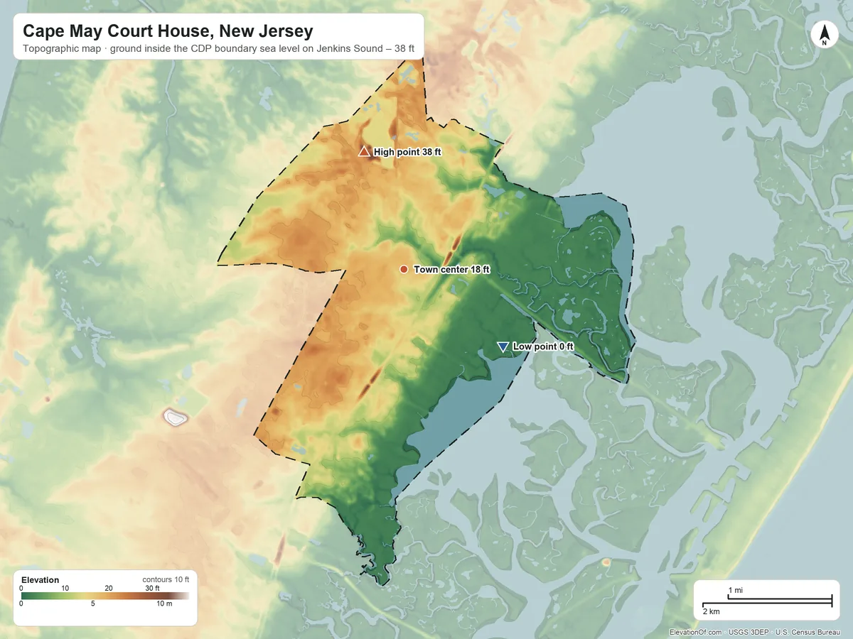 Topographic elevation map of Cape May Court House, New Jersey, shaded from sea level level on Jenkins Sound to 38 ft on the north side