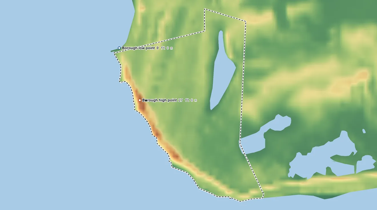 Topographic elevation map of Cape May Point, New Jersey, shaded from sea level level on Delaware Bay to 27 ft near the middle