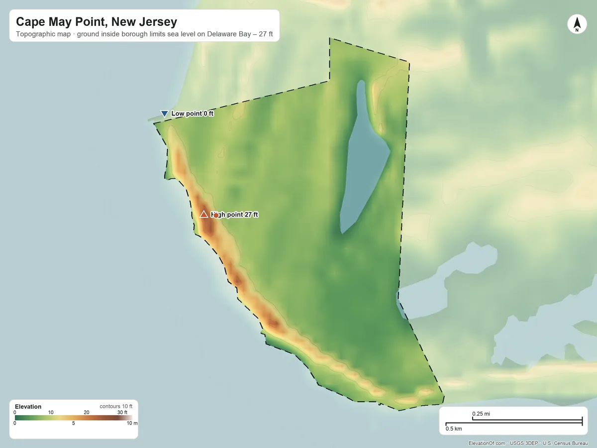 Topographic elevation map of Cape May Point, New Jersey, shaded from sea level level on Delaware Bay to 27 ft near the middle