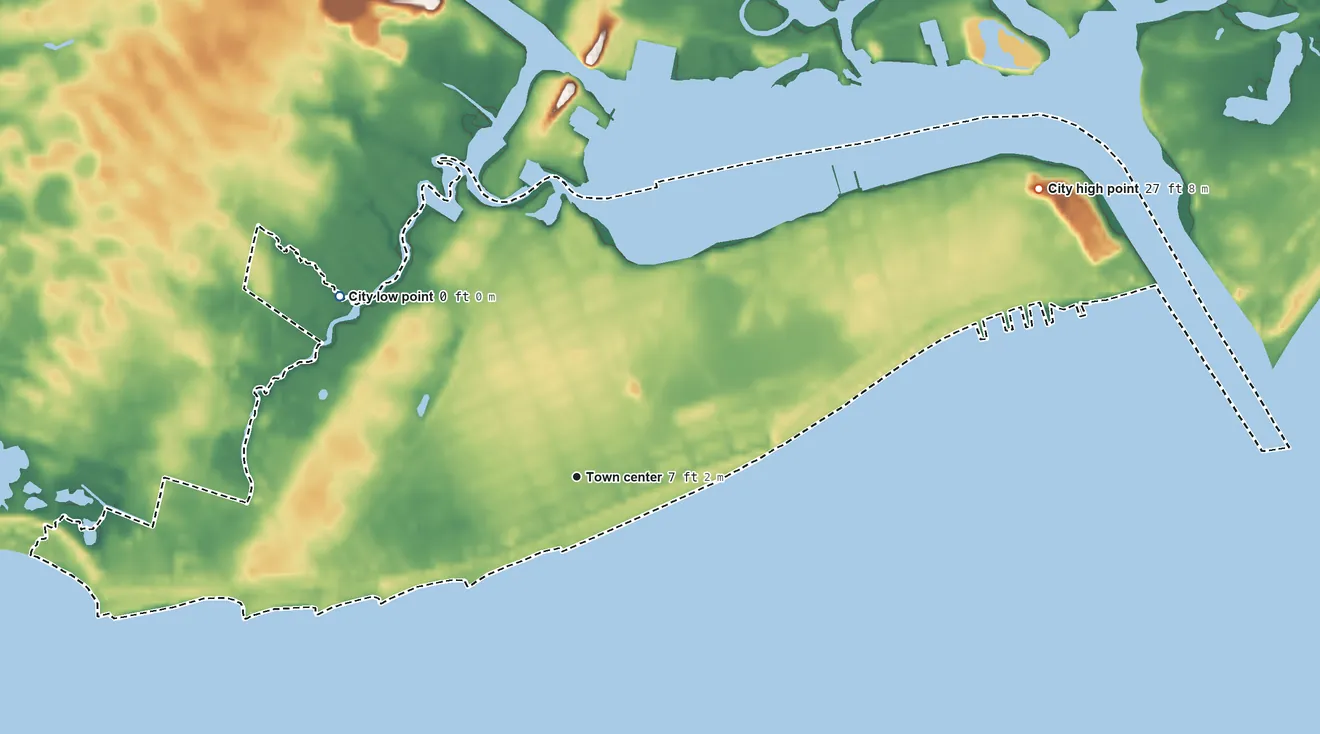 Topographic elevation map of Cape May, New Jersey, shaded from sea level level on Cape May Harbor to 27 ft on the northeast side