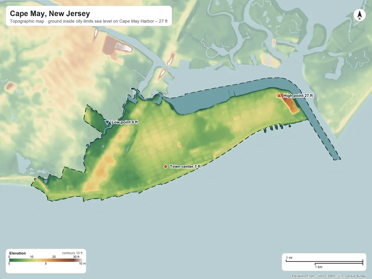 Topographic elevation map of Cape May, New Jersey, shaded from sea level level on Cape May Harbor to 27 ft on the northeast side
