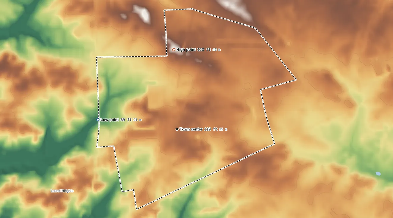 Topographic elevation map of Carlls Corner, New Jersey, shaded from 69 ft on the west side to 120 ft on the north side