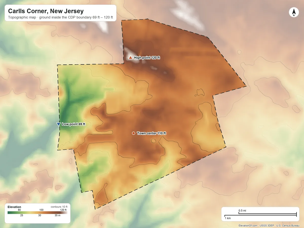 Topographic elevation map of Carlls Corner, New Jersey, shaded from 69 ft on the west side to 120 ft on the north side