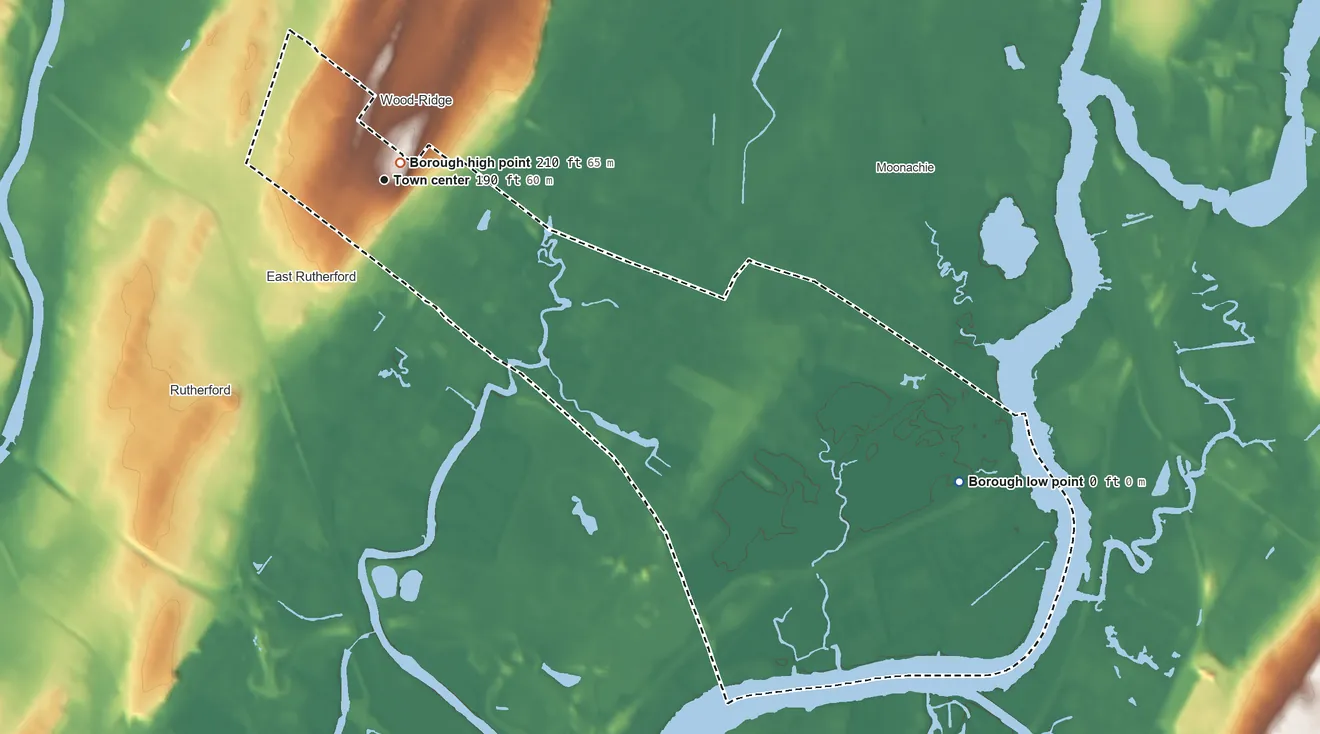 Topographic elevation map of Carlstadt, New Jersey, shaded from 0 ft on the southeast side to 210 ft near the middle