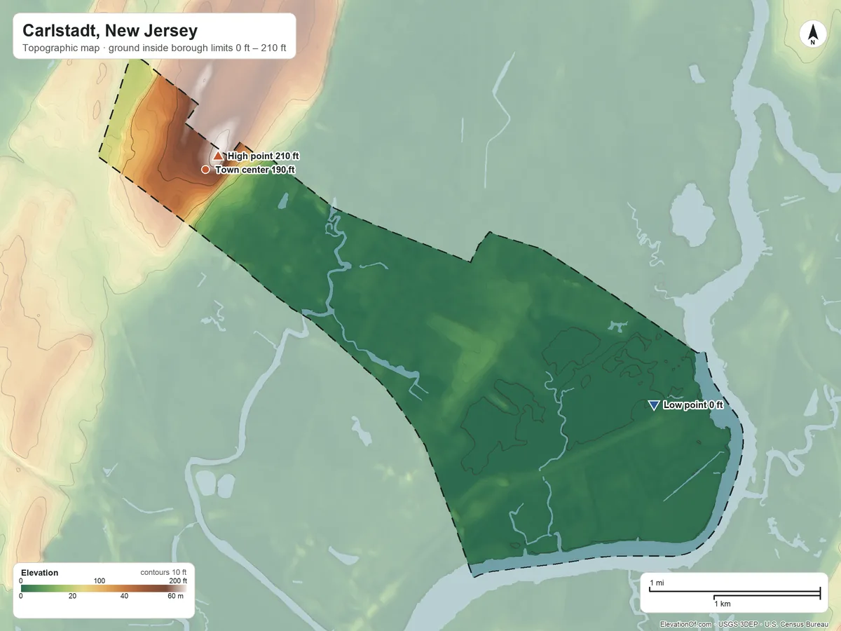 Topographic elevation map of Carlstadt, New Jersey, shaded from 0 ft on the southeast side to 210 ft near the middle