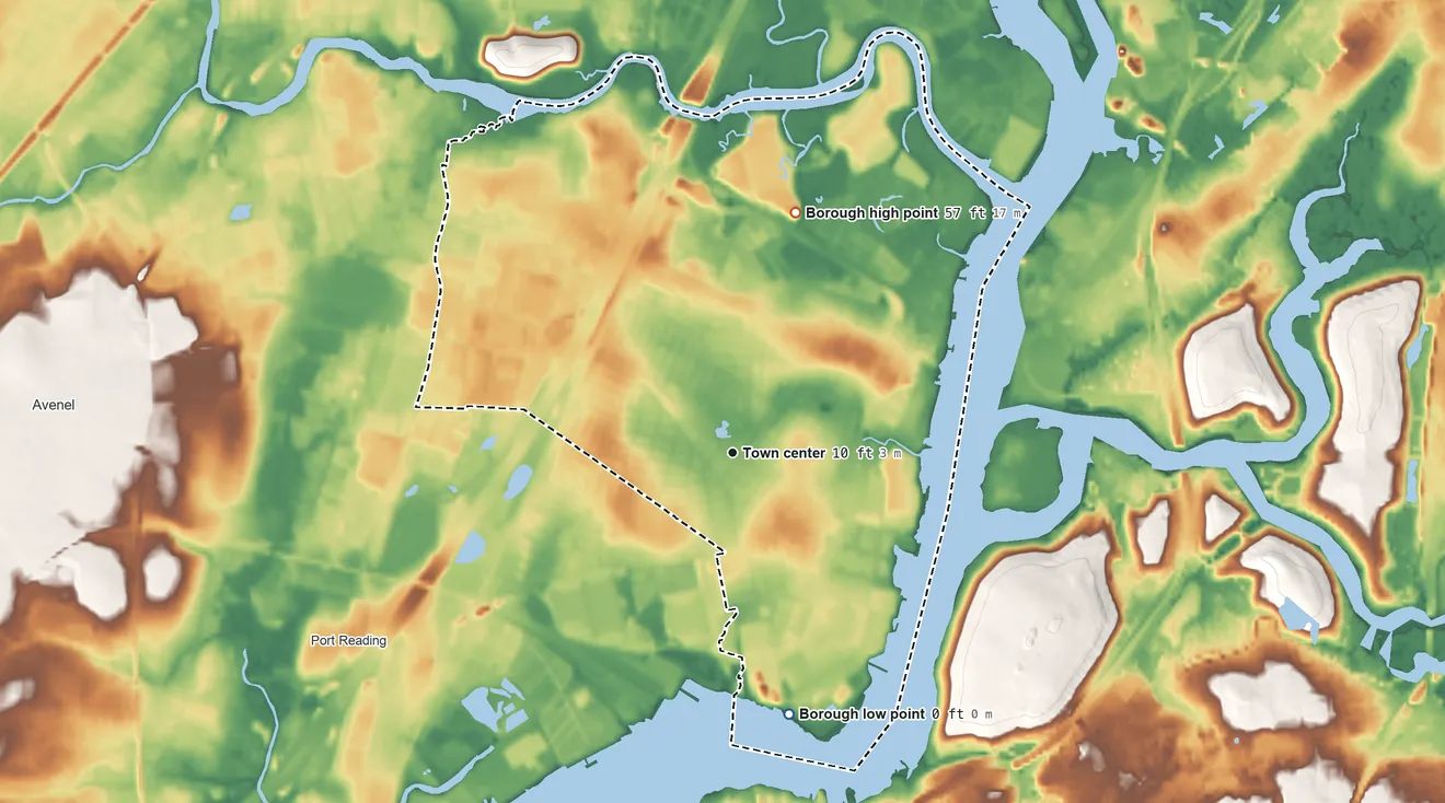 Topographic elevation map of Carteret, New Jersey, shaded from 0 ft on the south side to 57 ft on the north side