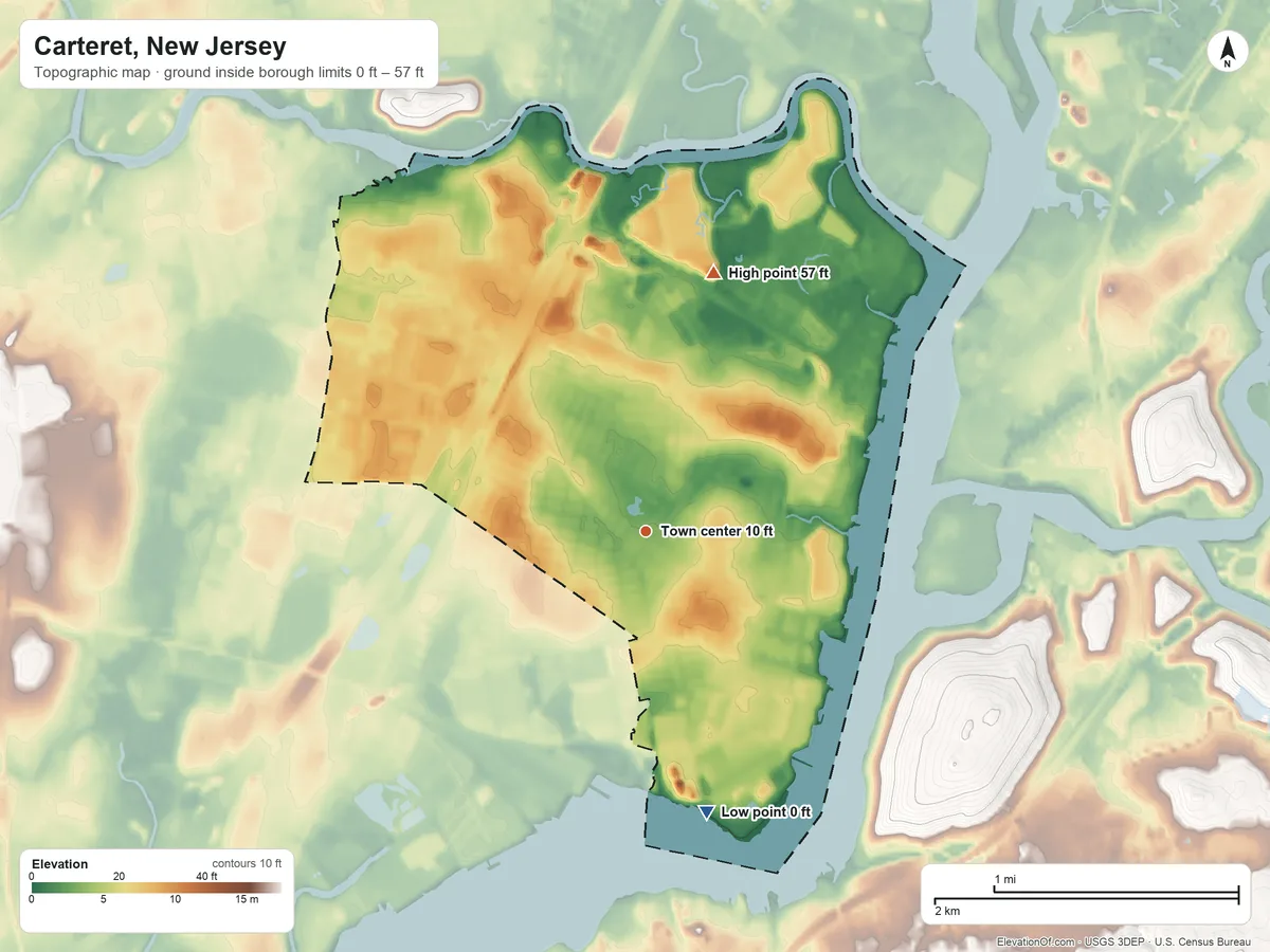 Topographic elevation map of Carteret, New Jersey, shaded from 0 ft on the south side to 57 ft on the north side