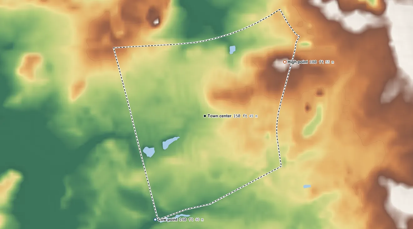 Topographic elevation map of Cedar Glen Lakes, New Jersey, shaded from 140 ft on the southwest side to 180 ft on the northeast side