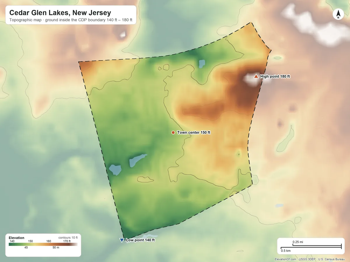 Topographic elevation map of Cedar Glen Lakes, New Jersey, shaded from 140 ft on the southwest side to 180 ft on the northeast side