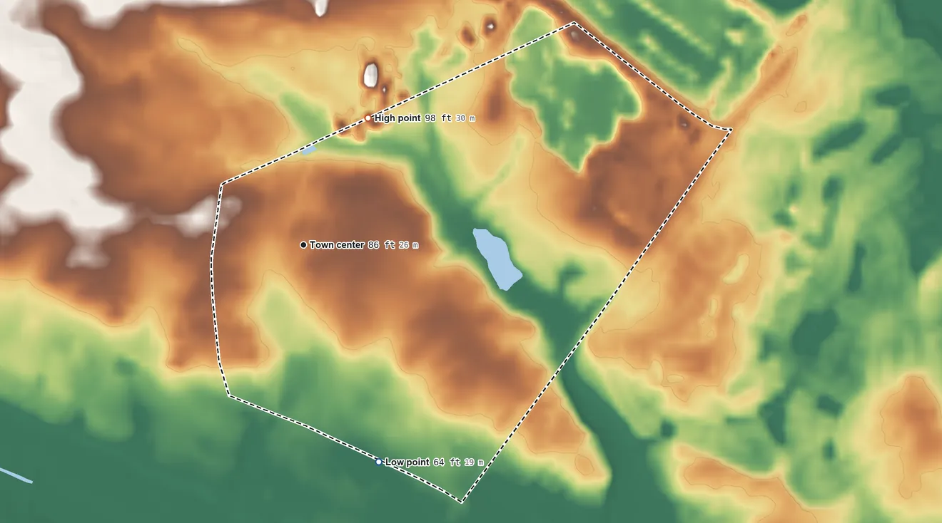 Topographic elevation map of Cedar Glen West, New Jersey, shaded from 64 ft on the south side to 98 ft on the northeast side