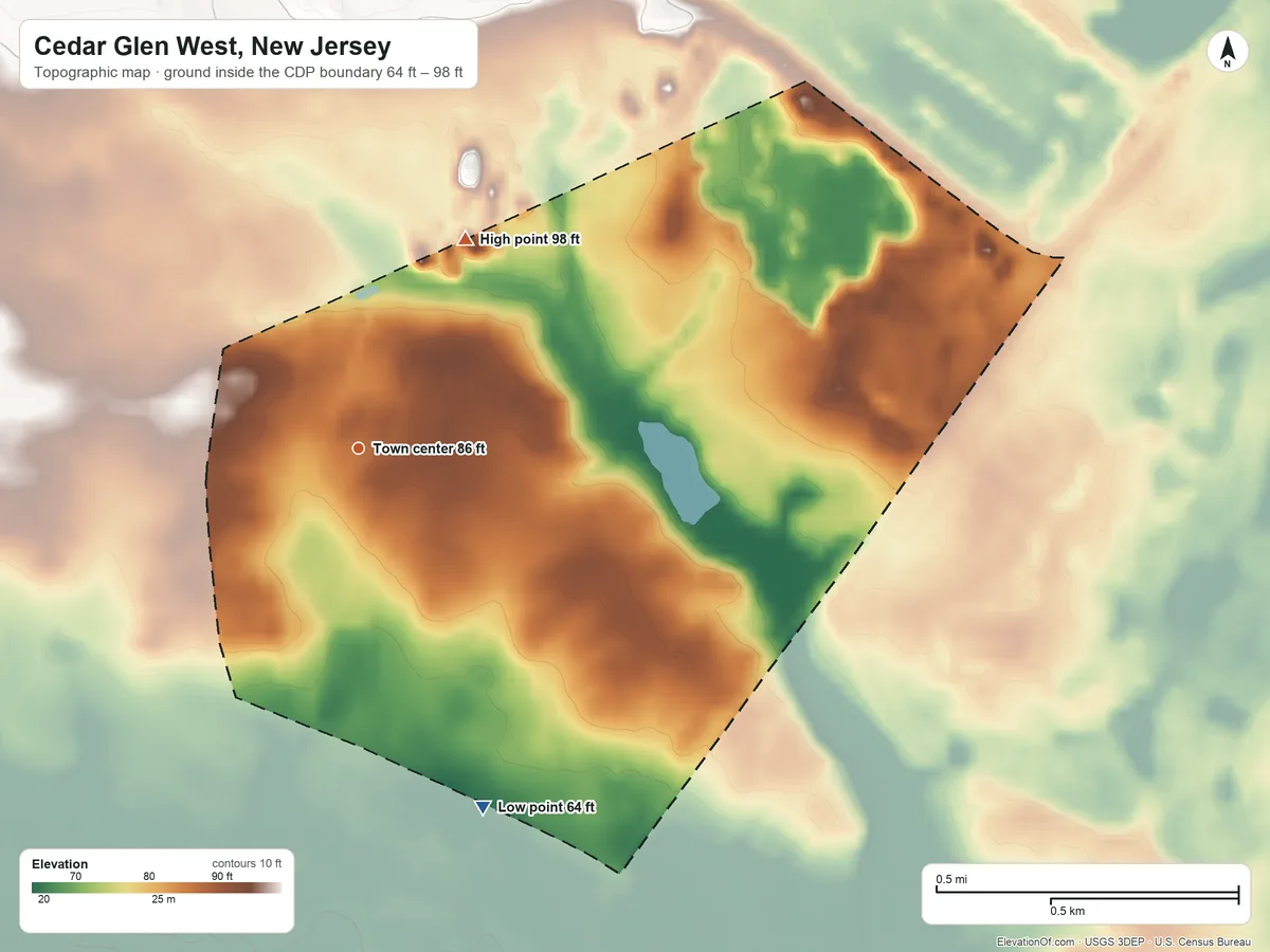 Topographic elevation map of Cedar Glen West, New Jersey, shaded from 64 ft on the south side to 98 ft on the northeast side