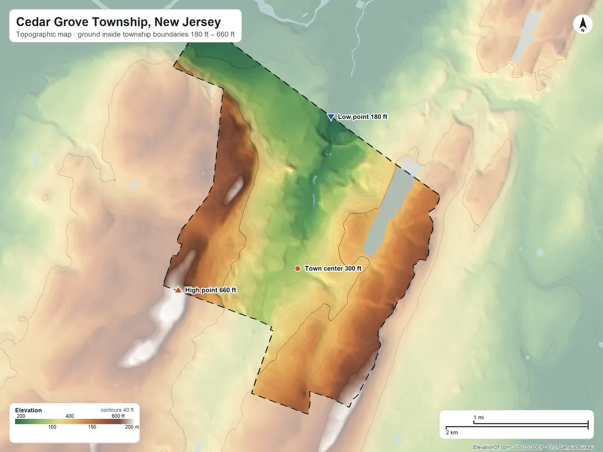 Topographic elevation map of Cedar Grove Township, New Jersey, shaded from 180 ft on the north side to 660 ft on the west side