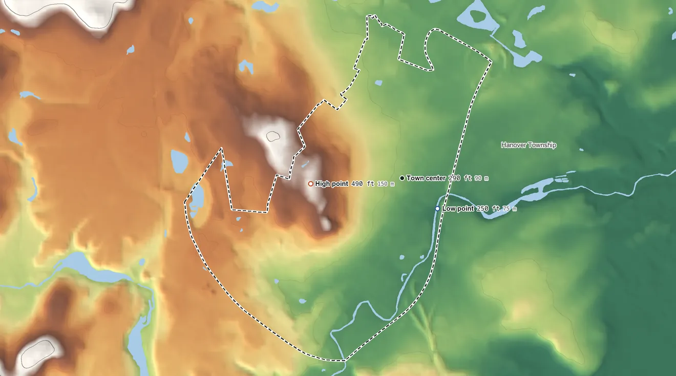 Topographic elevation map of Cedar Knolls, New Jersey, shaded from 250 ft on the southeast side to 490 ft on the west edge, below higher ground just outside