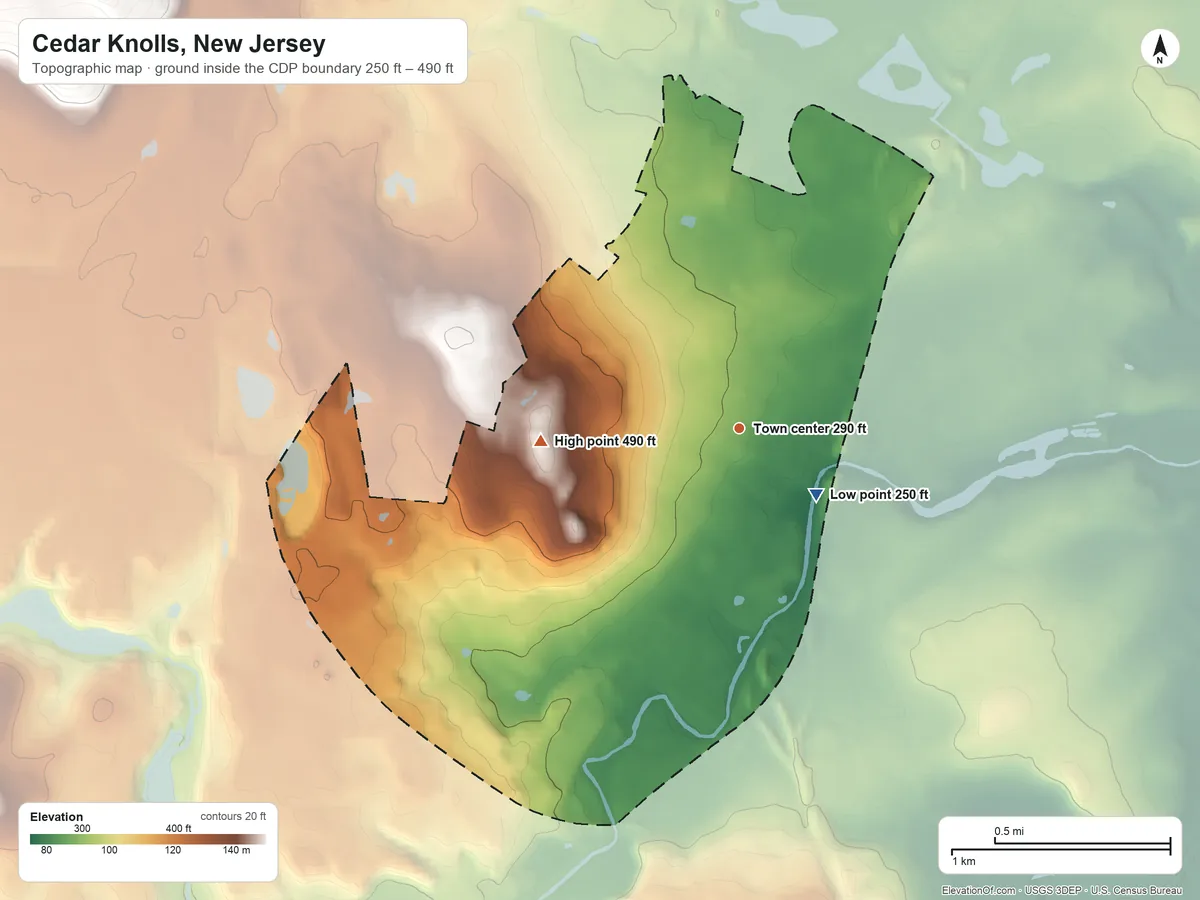 Topographic elevation map of Cedar Knolls, New Jersey, shaded from 250 ft on the southeast side to 490 ft on the west edge, below higher ground just outside