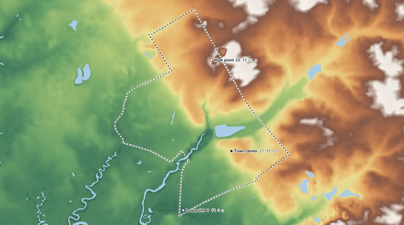Topographic elevation map of Cedarville, New Jersey, shaded from 0 ft on the southwest side to 68 ft on the north side