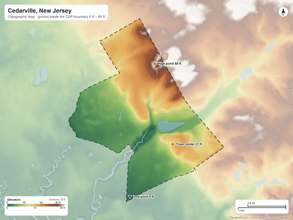 Topographic elevation map of Cedarville, New Jersey, shaded from 0 ft on the southwest side to 68 ft on the north side