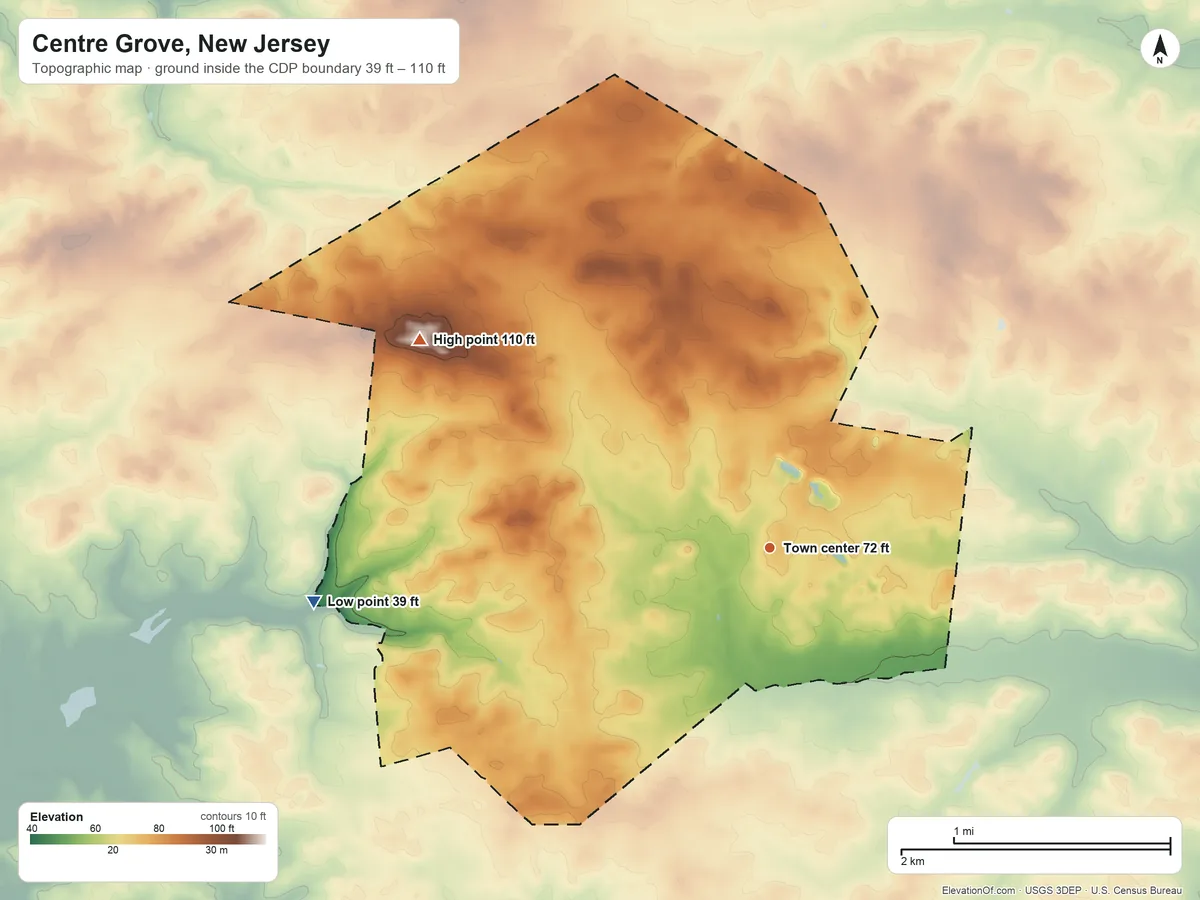 Topographic elevation map of Centre Grove, New Jersey, shaded from 39 ft on the west side to 110 ft on the northwest side