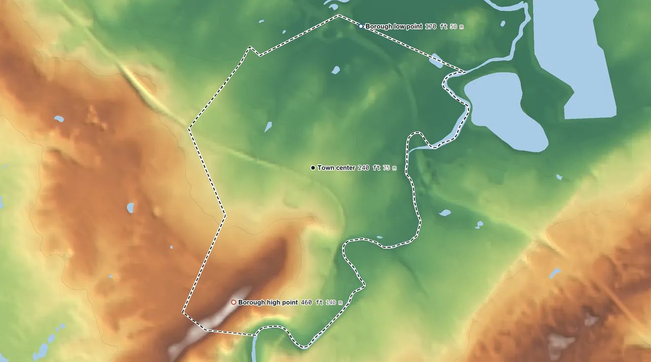 Topographic elevation map of Chatham, New Jersey, shaded from 170 ft on the north side to 460 ft on the southwest side