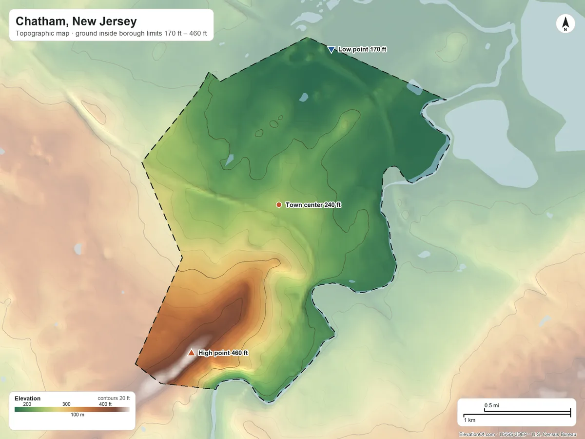 Topographic elevation map of Chatham, New Jersey, shaded from 170 ft on the north side to 460 ft on the southwest side