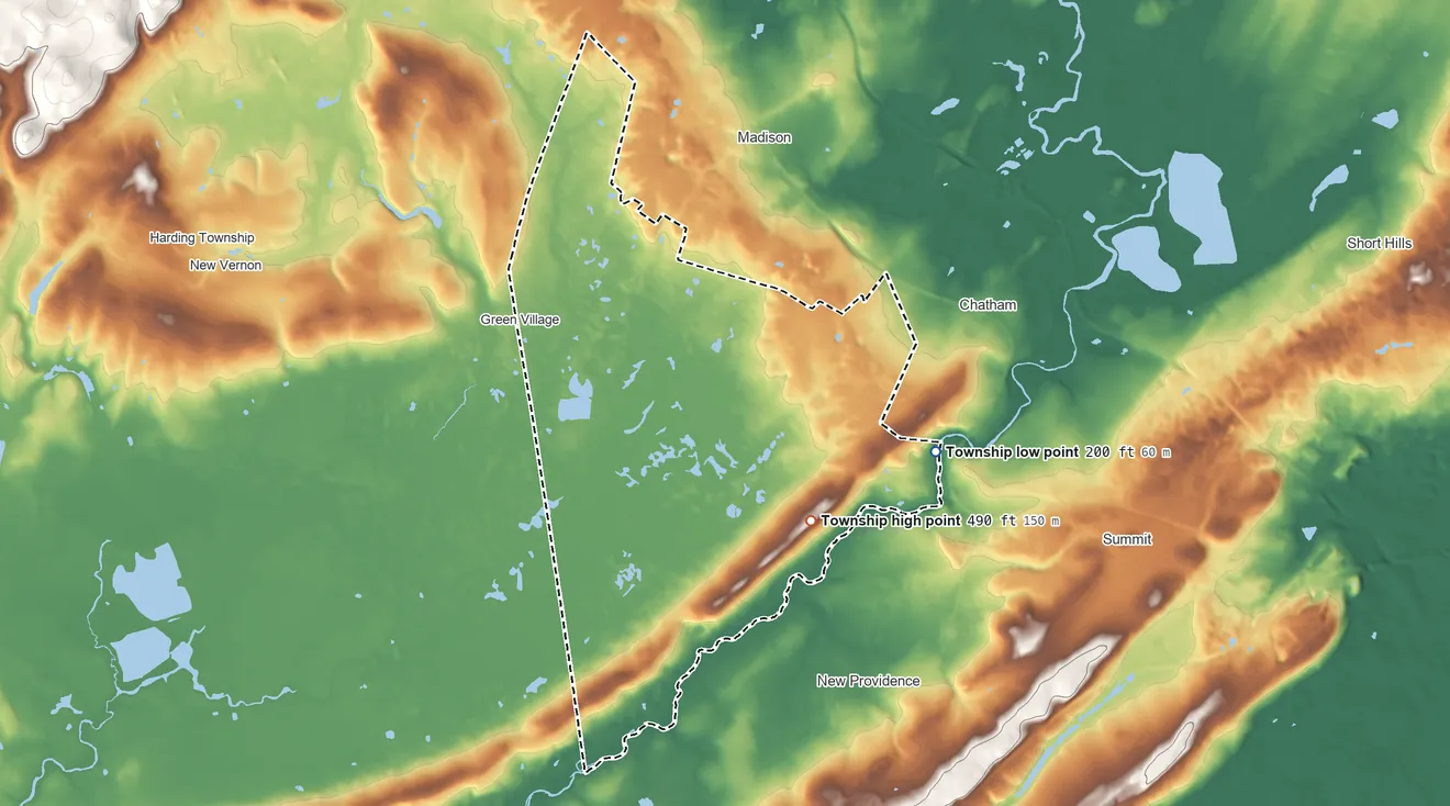 Topographic elevation map of Chatham Township, New Jersey, shaded from 200 ft on the east side to 490 ft near the middle
