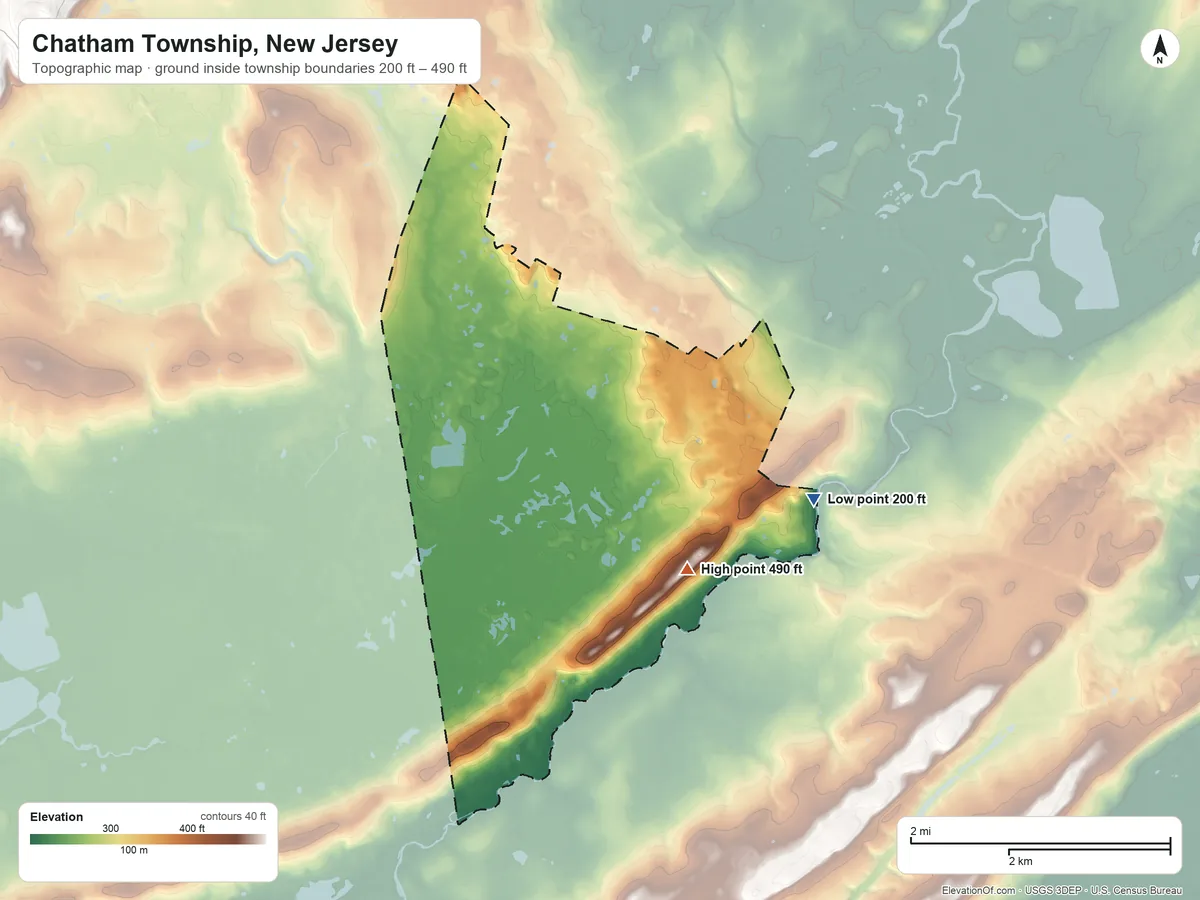 Topographic elevation map of Chatham Township, New Jersey, shaded from 200 ft on the east side to 490 ft near the middle