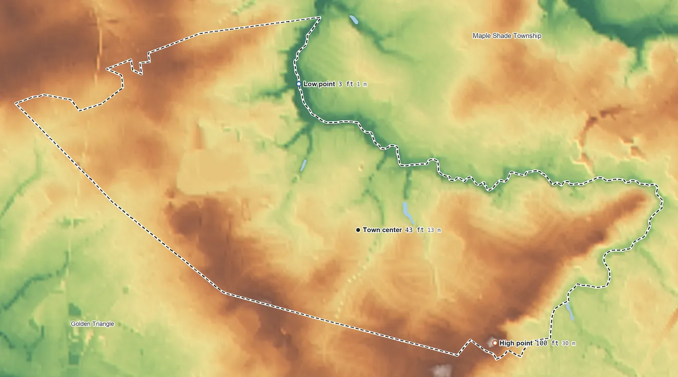 Topographic elevation map of Cherry Hill Mall, New Jersey, shaded from 3 ft on the north side to 100 ft on the southeast side