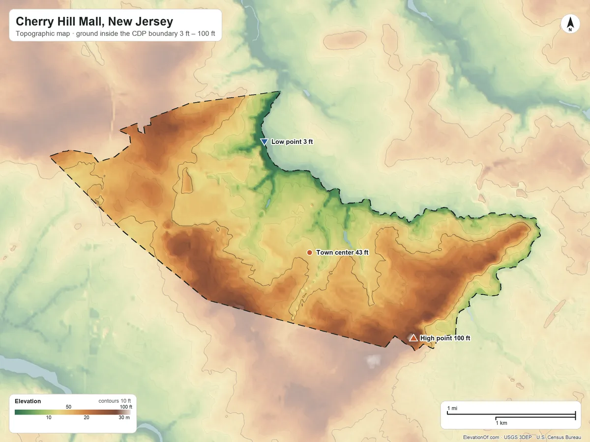 Topographic elevation map of Cherry Hill Mall, New Jersey, shaded from 3 ft on the north side to 100 ft on the southeast side