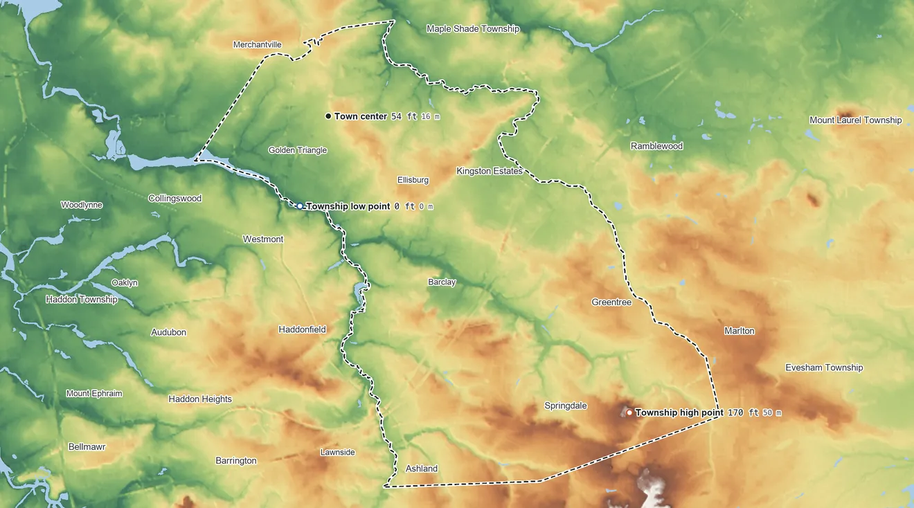 Topographic elevation map of Cherry Hill Township, New Jersey, shaded from 0 ft on the south side to 170 ft on Hutton Hill